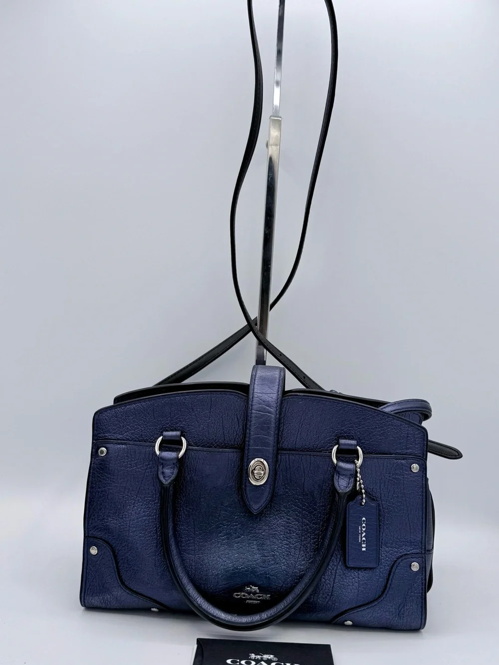 Coach Mercer 24 Satchel Metallic Navy Pebbled Leather Crossbody